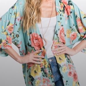 Beach Kimono short Bohemian Style Floral Wrap Casual Blues
